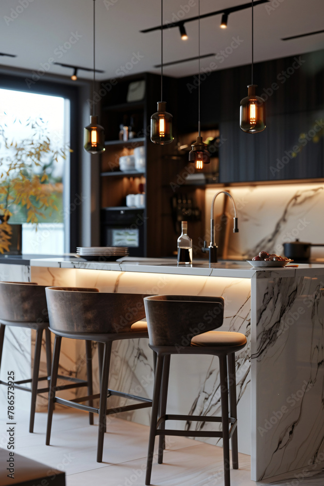Cozy Breakfast Bar with Modern Stools and Marble Countertop Cozy Breakfast Bar with Modern Stools and Marble Countertop