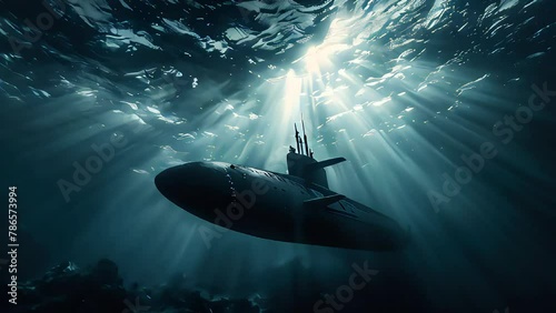 A combat submarine plunges into the ocean depths on a military mission, a play of light underwater.
