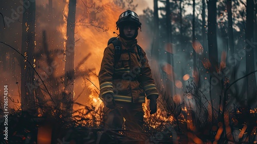 Experience the adventure! A young hero stands amidst a forest fire in his firefighter suit, surrounded by gloom and danger © pvl0707