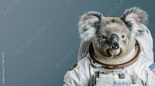 Koala in an astronaut costume. Mascot, wild animal, surrealism, realistic style, close-up, NASA, costume photo shoot for pet. Concept of a wild animal in human clothing. Generative by AI