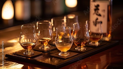 Japanese whiskey with selection of single malts and blends. Alcohol, glass, tasting, sommelier, bar, club, quality drink. People enjoy aromatic drinks and company of friends concept. Generative by AI