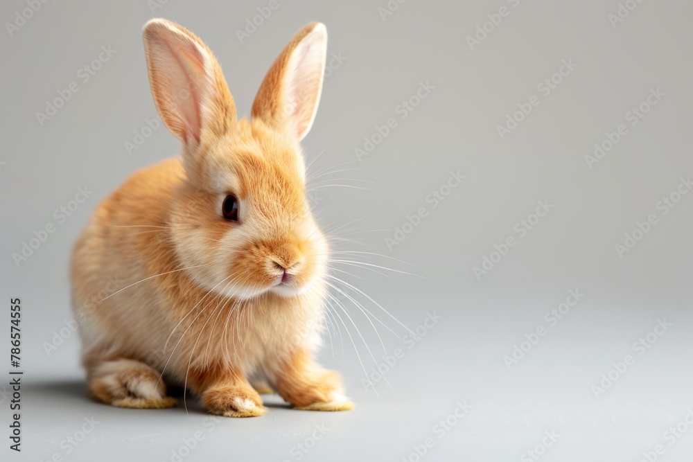 A small, fluffy rabbit is sitting on a grey surface