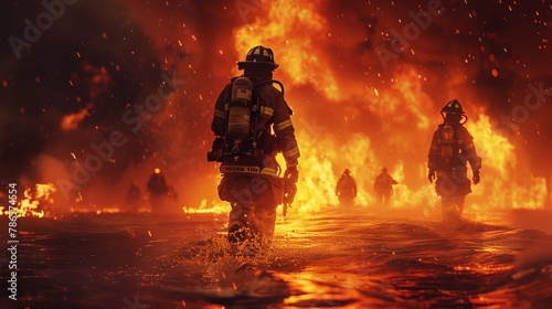 A firefighter captain leading a team into a blazing inferno, epitome of bravery and decisive action