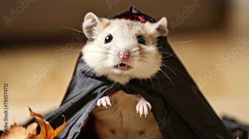 Hamster in a vampire costume. Mascot  man little friend  pet  close-up  fur  costume photo shoot for pet. Tiny cheeks puffed  whiskers twitch hamster explores world in unusual cloak. Generative by AI