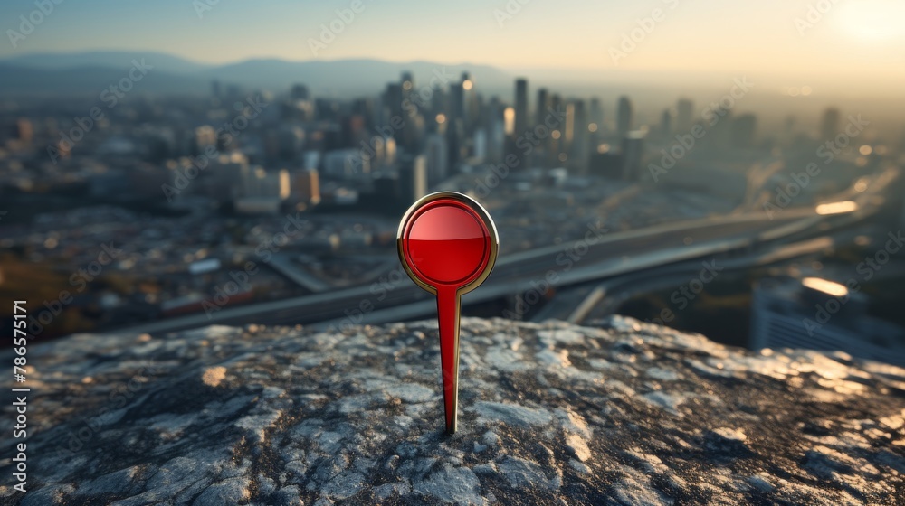 A bold red pin stands on a road pointing to the city, signifying urban exploration and adventure, captured in high-definition 4k A bold red pin stands on a road pointing to the city, signifying urban exploration and adventure, captured in high-definition 4k