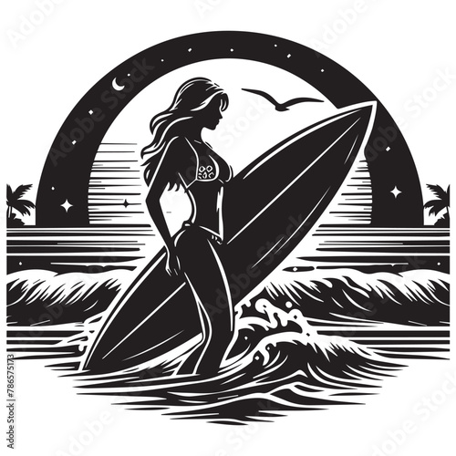 Surf board with bikini girl silhouette vector with solid white background