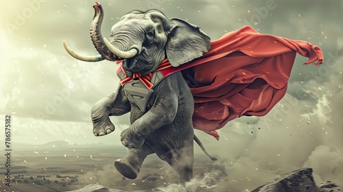 Elephant in a superhero costume, cloak. Mascot, wild animal, surrealism, realistic style, close-up, trunk, costume photo shoot for pet. Concept of a wild animal in human clothing. Generative by AI