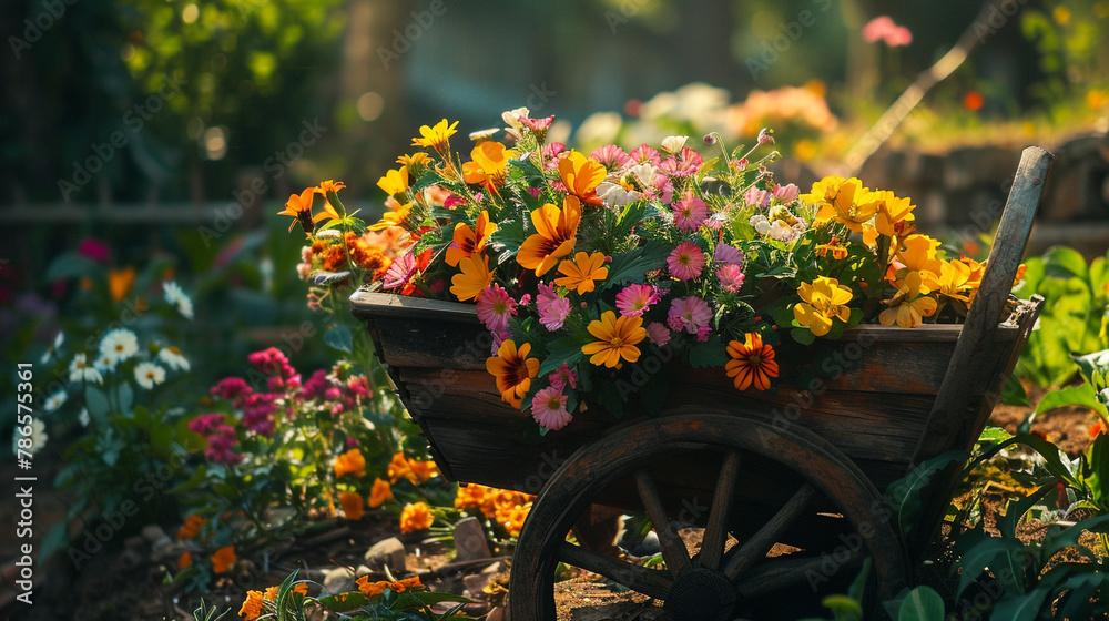 A rustic wooden wheelbarrow filled with colorful blooming flowers, nestled among lush greenery in a sun-drenched garden. 8K