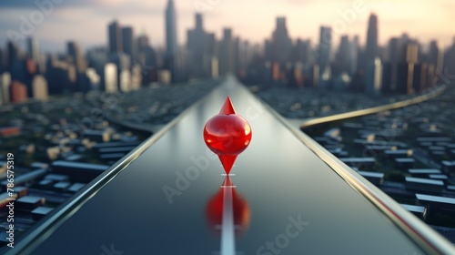Close-up on a red pin marking the journey along a modern highway toward the city skyline, a navigational metaphor in 4k