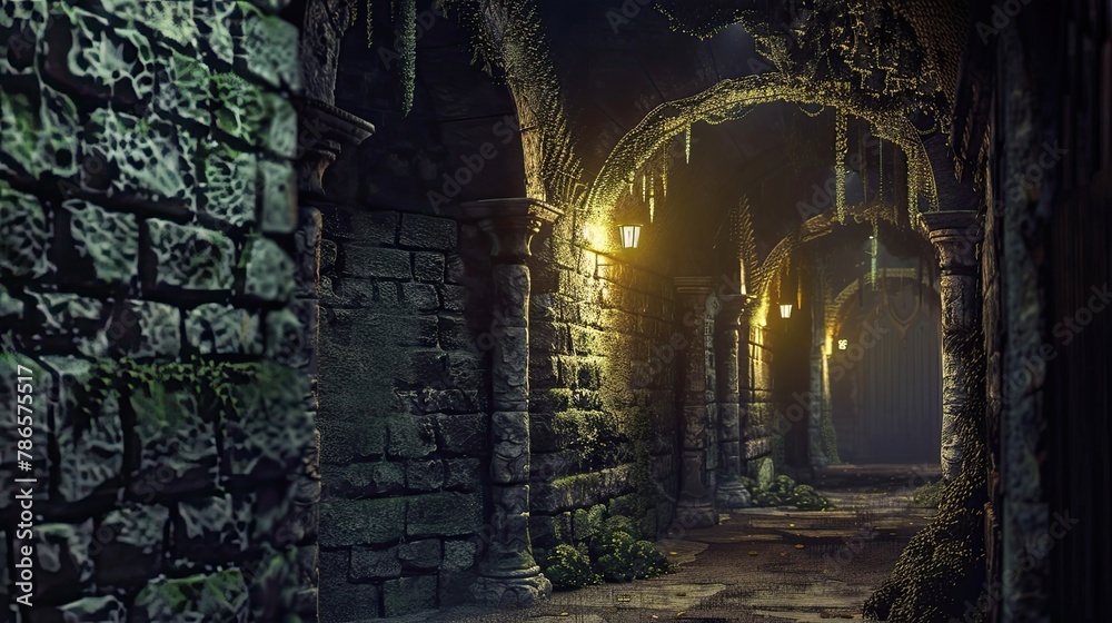 Dimly lit dungeon corridor surrounded by moss-covered stone wall. Gloomy place, ghosts, paranormal, gothic, middle ages, ruins, dust, dampness, underground structure, mysticism. Generative by AI Dimly lit dungeon corridor surrounded by moss-covered stone wall. Gloomy place, ghosts, paranormal, gothic, middle ages, ruins, dust, dampness, underground structure, mysticism. Generative by AI