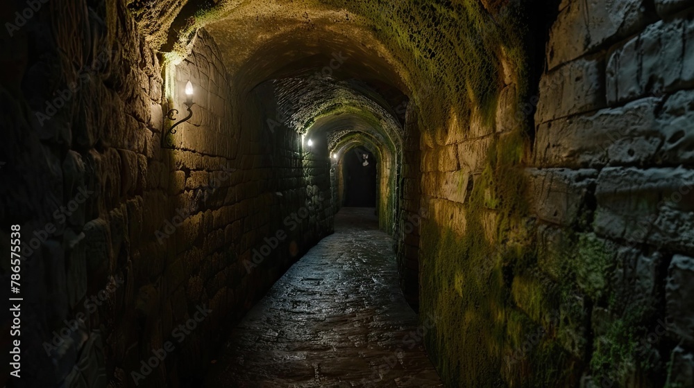 Dimly lit dungeon corridor surrounded by moss-covered stone wall. Gloomy place, ghosts, paranormal, gothic, middle ages, ruins, dust, dampness, underground structure, mysticism. Generative by AI