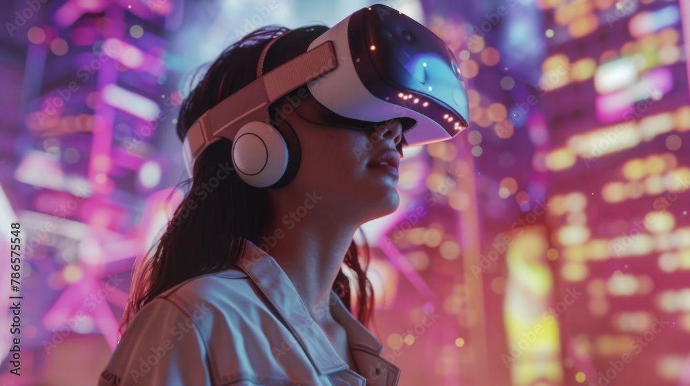 Young Woman Experiencing Virtual Reality in Neon-Lit City at Night Young Woman Experiencing Virtual Reality in Neon-Lit City at Night