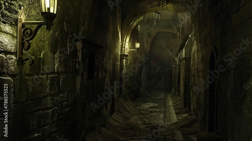Dimly lit dungeon corridor surrounded by moss-covered stone wall. Gloomy place  ghosts  paranormal  gothic  middle ages  ruins  dust  dampness  underground structure  mysticism. Generative by AI