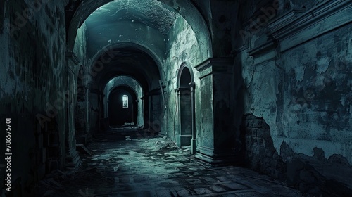 Dark and labyrinthine catacombs beneath an abandoned monastery. Gloomy place  ghosts  paranormal  gothic  middle ages  ruins  dust  dampness  underground structure  mysticism  fear. Generative by AI
