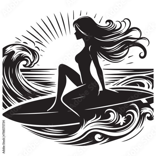 Surf board with bikini girl silhouette vector with solid white background