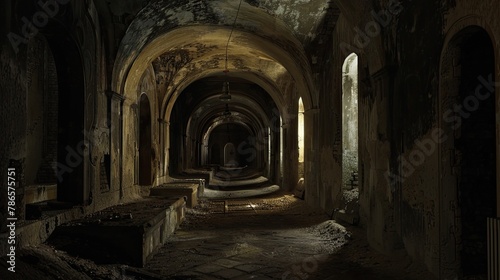 Dark and labyrinthine catacombs beneath an abandoned monastery. Gloomy place  ghosts  paranormal  gothic  middle ages  ruins  dust  dampness  underground structure  mysticism  fear. Generative by AI