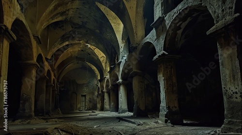 Dark and labyrinthine catacombs beneath an abandoned monastery. Gloomy place, ghosts, paranormal, gothic, middle ages, ruins, dust, dampness, underground structure, mysticism, fear. Generative by AI © Кирилл Макаров