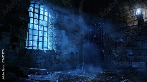 Damp and musty dungeon chamber with a barred window offering. Prison cell, ghosts, paranormal, gothic, middle ages, ruins, dust, dampness, underground structure, mysticism, fear. Generative by AI