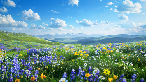 A serene countryside panorama, where a carpet of wildflowers including lupines, daffodils, and bluebells blankets the rolling hills, against a backdrop of clear blue skies. 8K