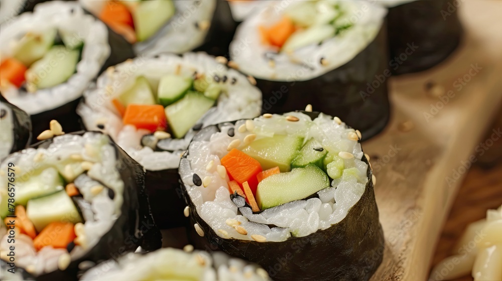 Veggie sushi rolls filled with avocado cucumber and carrot. Restaurant dish, serving, seasonal offering, proper nutrition, diet food. Culinary aesthetics concept. Generative by AI Veggie sushi rolls filled with avocado cucumber and carrot. Restaurant dish, serving, seasonal offering, proper nutrition, diet food. Culinary aesthetics concept. Generative by AI