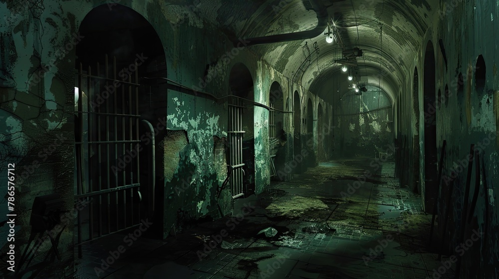 An underground prison filled with desperate prisoners and echoes. Gloomy place, ghosts, dust, secret tunnel, paranormal, gothic, middle ages, ruins, dampness, mysticism, fear. Generative by AI