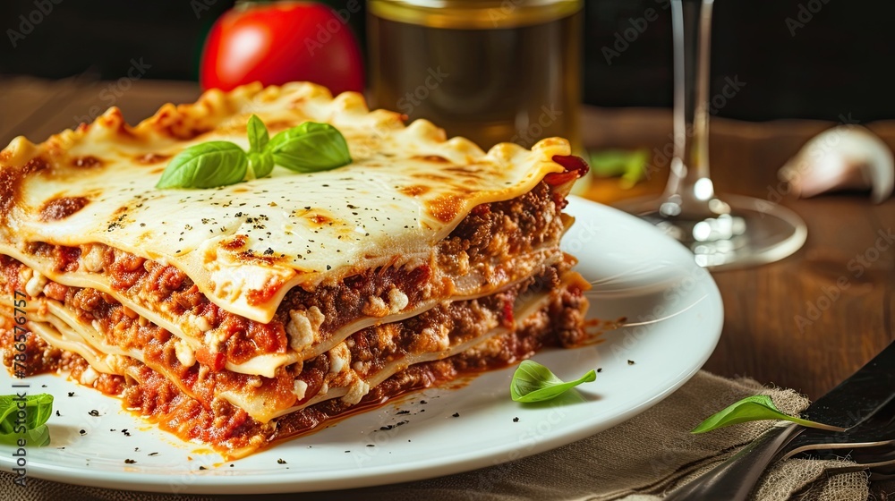 Authentic Italian lasagna with ricotta meat sauce, bechamel sauce. Restaurant dish and serving, close-up, specialty of the house. Concept of culinary excellence and sophistication. Generative by AI Authentic Italian lasagna with ricotta meat sauce, bechamel sauce. Restaurant dish and serving, close-up, specialty of the house. Concept of culinary excellence and sophistication. Generative by AI