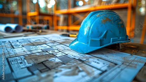 Blueprint Focus: Helmet & Plans with Scaffolding Backdrop. Concept Construction Industry, Safety Equipment, Engineering Design, Architectural Blueprint, Industrial Development photo