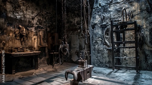 Torture chamber with an iron maiden and other gruesome device, chains, horror, thriller. Gloomy place, ghosts, paranormal, gothic, middle ages, ruins, dampness, mysticism, fear. Generative by AI