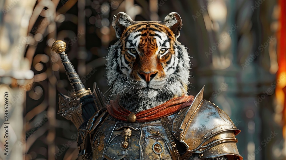 Fototapeta premium Tiger in a knight costume, cavalier, medieval theme, mane. Mascot, wild animal, surrealism, close-up, big cat, costume photo shoot for pet. Presenting pride and greatness concept. Generative by AI