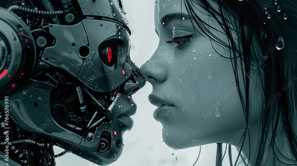 Love and kisses of the most beautiful girl and cyborg outfit in cyberpunk, futuristic, high-tech, generative AI. Combat robot transformer beautiful android girl. Cyberpunk society. Love and kisses of the most beautiful girl and cyborg outfit in cyberpunk, futuristic, high-tech, generative AI. Combat robot transformer beautiful android girl. Cyberpunk society.