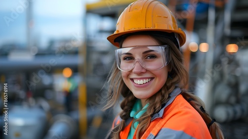 Smiling Engineer with Safety Helmet at Industrial Site. Concept Industrial Photoshoot, Safety Equipment, Engineering, Occupational Portraits, Industrial Landscape