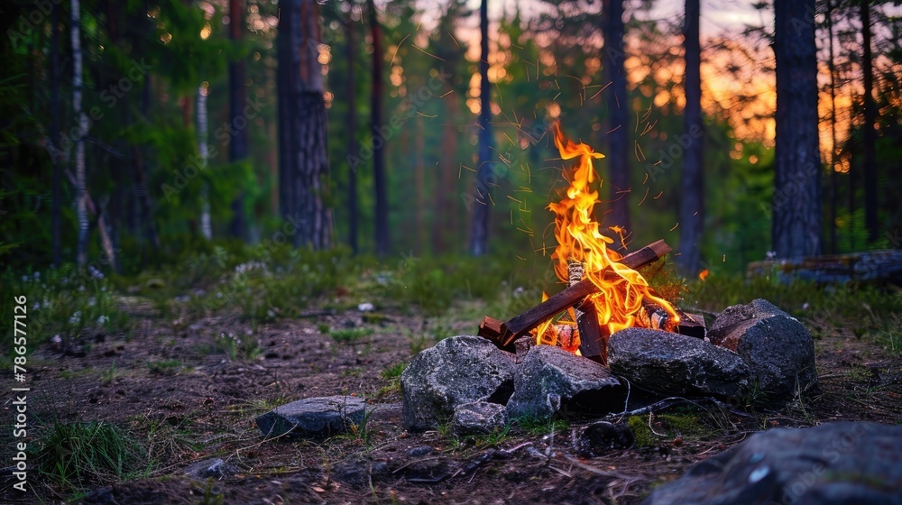 A small campfire in a coniferous taiga forest, perfect for frying sausages, captured during the golden hour A small campfire in a coniferous taiga forest, perfect for frying sausages, captured during the golden hour