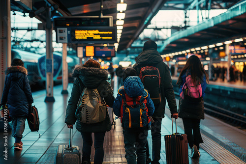 A family with backpacks and suitcases walking through a train station with schedule display