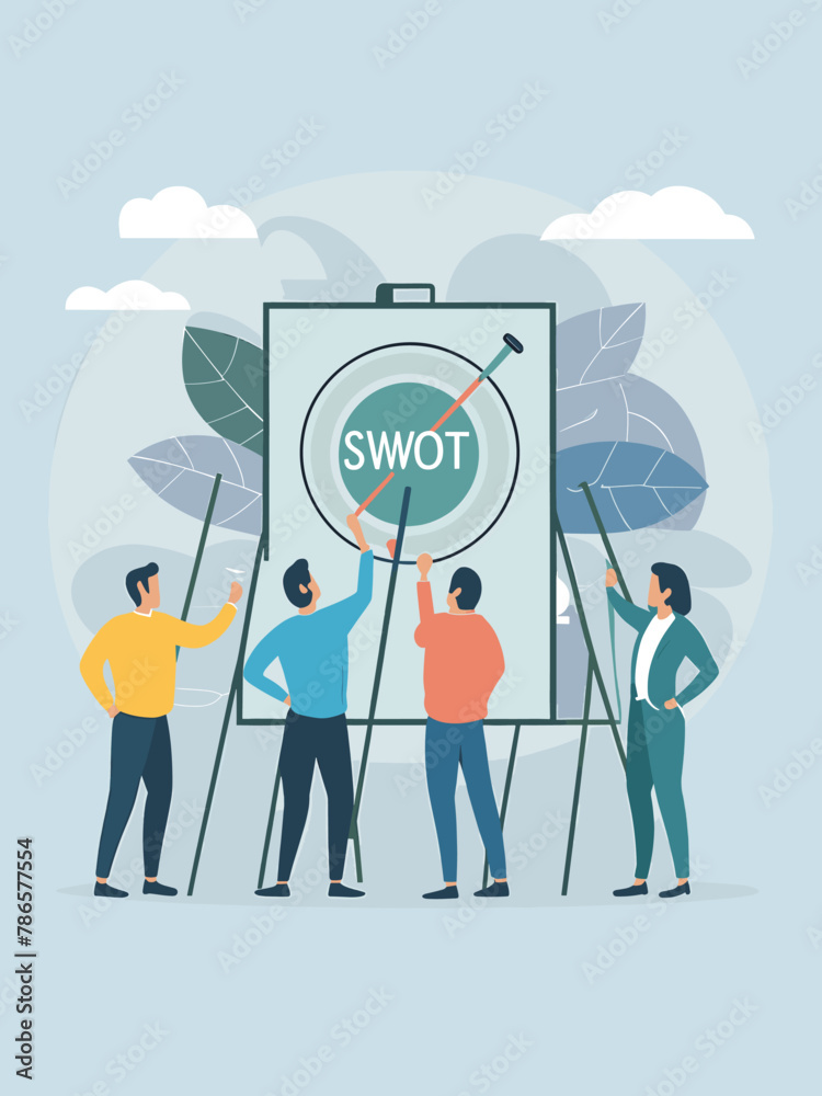 Visual Illustration of a Team of a Business Strategist Drawing a Swot Analysis on a Large Board, Vector Format