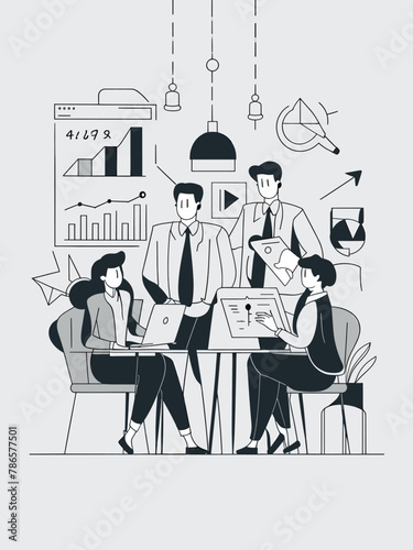 Graphic Representation of a Team of a Business Intelligence Team Working on Predictive Analytics for Market Trends, Vector Illustartion Style