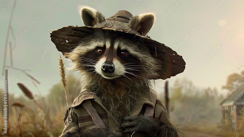 Raccoon in farmer costume, wild west theme, western aesthetics, short ...