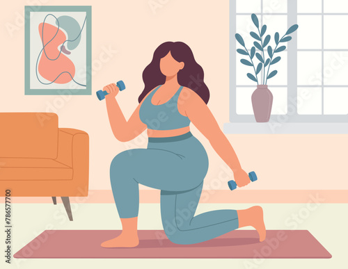 Vector illustration of a plus size woman does physical exercises with dumbbells at home. Flat style concept of body positive girl