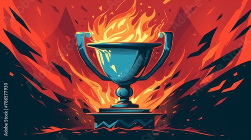 Triumph Ignited: First Place Trophy against Sports Banner