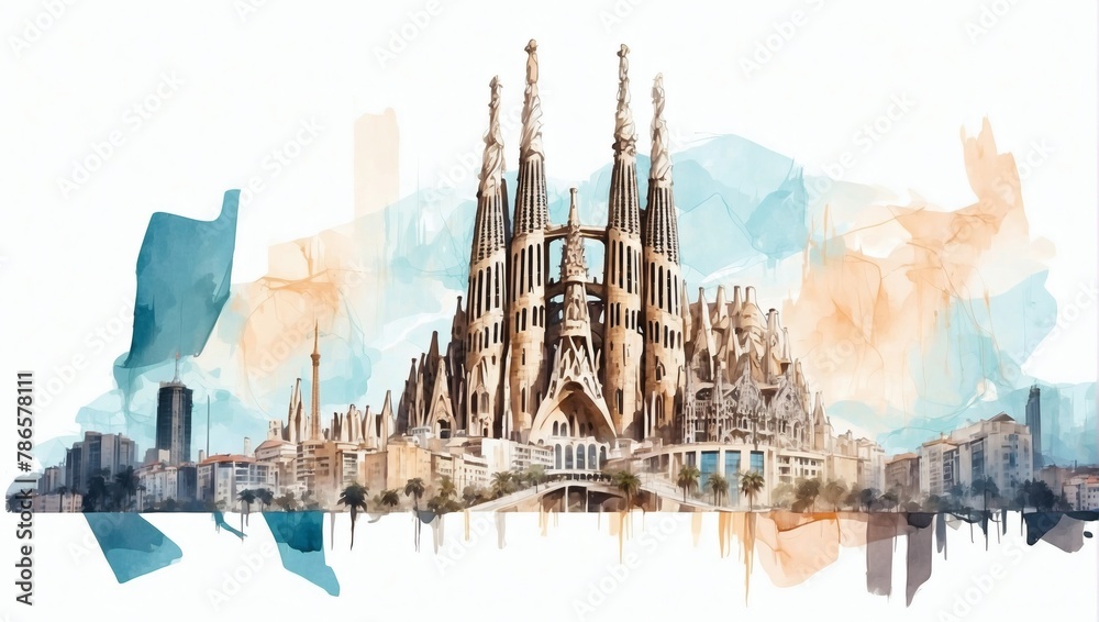 Obraz premium Sagrada Familia and Barcelona cityscape double exposure contemporary style minimalist artwork collage illustration.