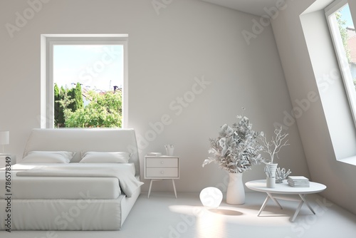 White bedroom interior design with summer landscape in window. Scandinavian interior design. 3D illustration