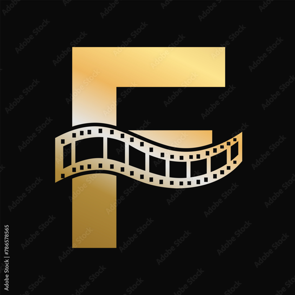 Fototapeta premium Letter F with Films Roll Symbol. Strip Film Logo For Movie Sign and Entertainment Concept