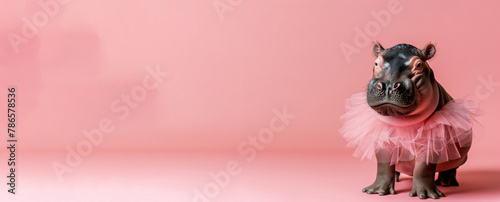 A baby hippo in a pink tutu. Hippo in Ballerina Skirt Dancing on Pink Background Banner with Copy Space
