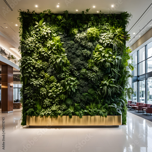Interior of a modern office building with green plants on the wall