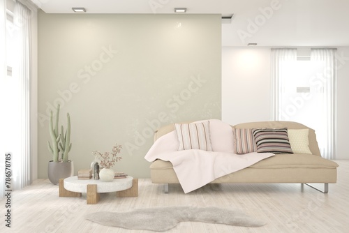 White living room with sofa. Scandinavian interior design. 3D illustration