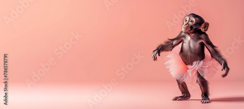 A baby monkey in a pink tutu. The tutu is made of glitter and the monkey is standing on a pink background. Monkey in Ballerina Skirt Dancing on Pink Background Banner with Copy Space