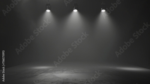 An atmospheric presentation space with dramatic black and grey hues  accentuated by spotlight illumination