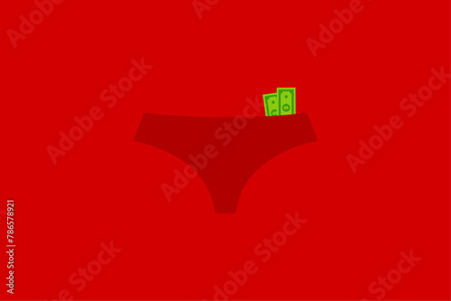 Intimate for money. Red underwear with hidden money on a bright red background. Can be used to illustrate prostitution, trade in one's own body