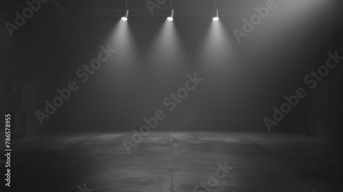 An atmospheric presentation space with dramatic black and grey hues, accentuated by spotlight illumination