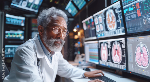 Portrait of a doctor examining MRI images of the head, results of computer diagnostics of the patient’s brain. photo