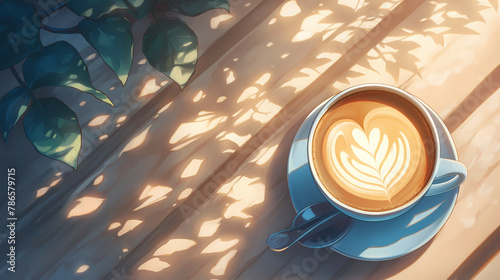 Cup of coffee with latte art on table in morning sunlight
